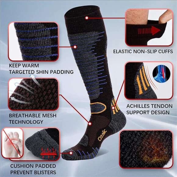 2 Pairs Men's Thermal Knee High Winter Warm Performance Socks - Picture 6 of 6